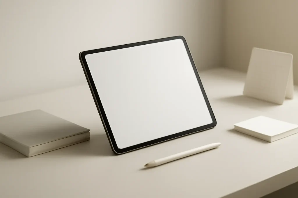 iPad bom e barato para estudantes: guia de compra e escolha 2 Tablet genérico com objetos de estudo em fundo minimalista.
