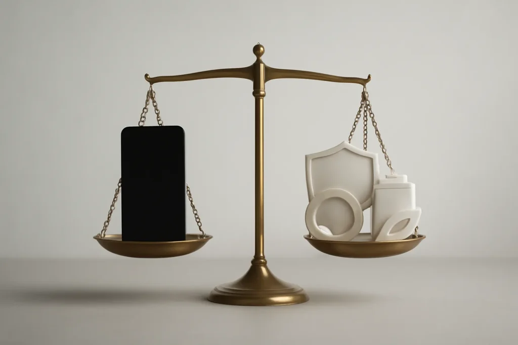 iPhone 12 Pro Max recondicionado barato: vale a pena e o que ver 4 Balança com smartphone e símbolos abstratos de garantia, devolução e bateria.