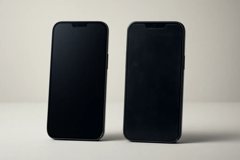 iPhone 14 recondicionado ou iPhone 15 novo: qual vale mais? 2 Dois smartphones genéricos lado a lado, sugerindo novo vs recondicionado.