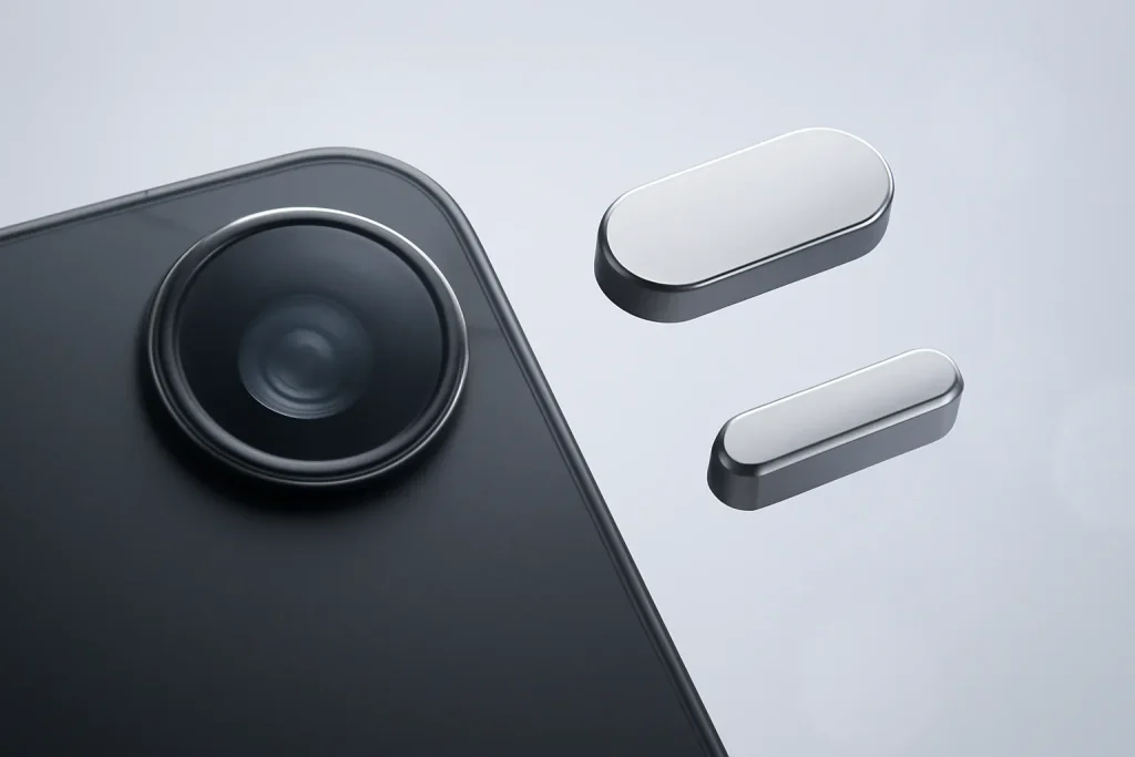 iPhone 14 recondicionado ou iPhone 15 novo: qual vale mais? 3 Detalhe simbólico de câmara e conectores, focado em diferenças técnicas.