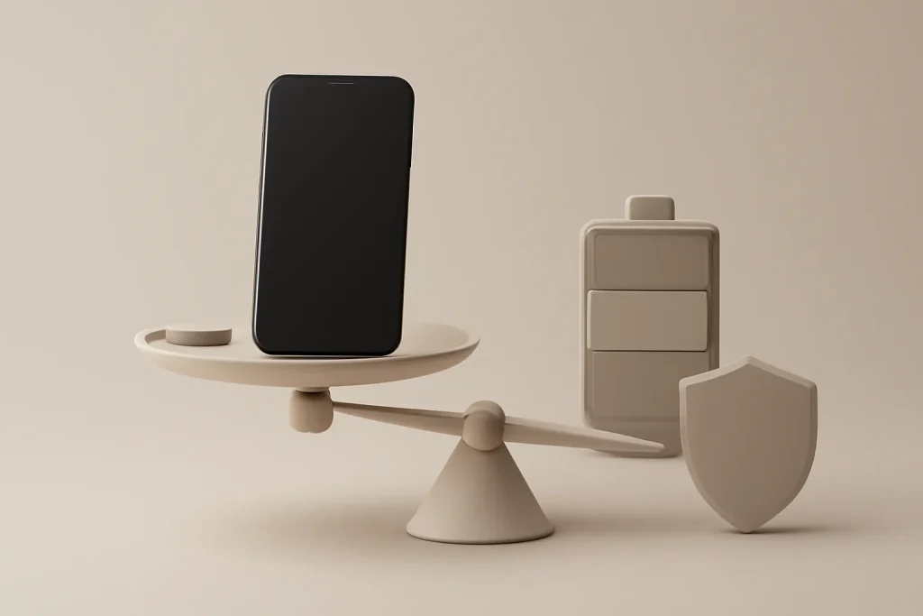 iPhone 14 recondicionado ou iPhone 15 novo: qual vale mais? 4 Balança simbólica com smartphone, sugerindo risco-benefício e garantia.