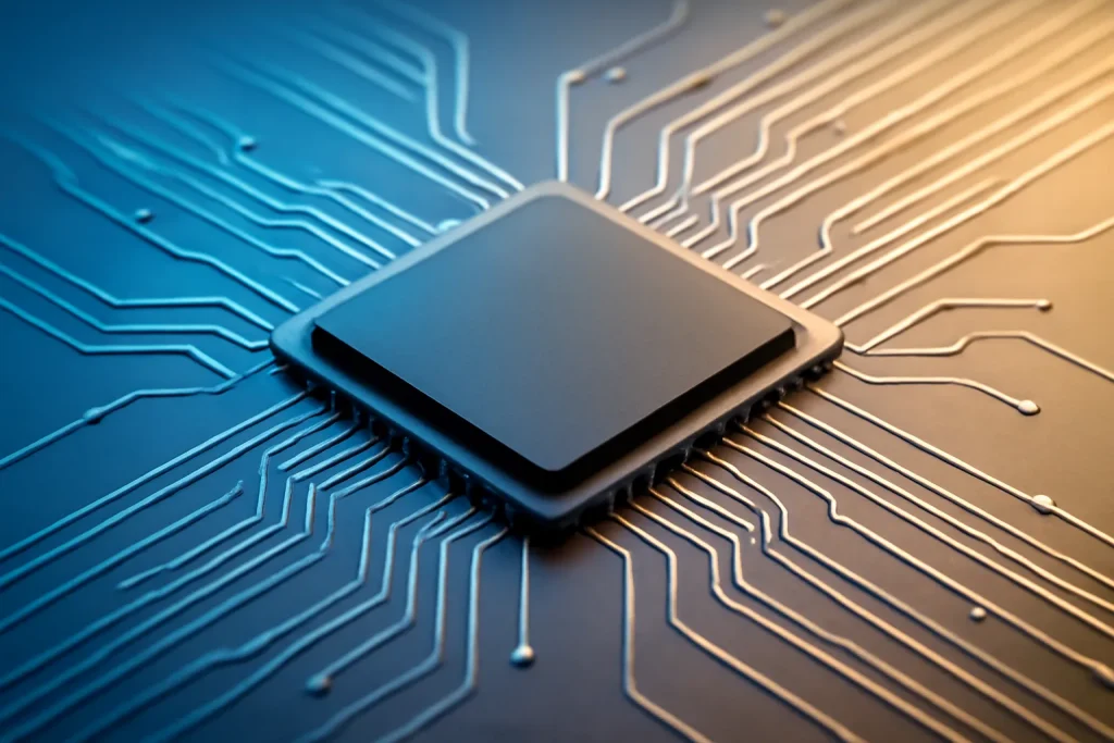 iPhone 17 Pro Max vs Pixel 10 Pro XL: desempenho, IA e ecossistema 3 Ilustração simbólica de um SoC e circuitos para iPhone 17 Pro Max vs Pixel 10 Pro XL.