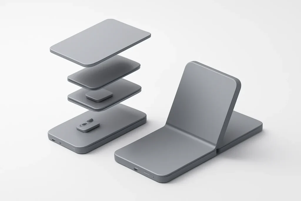 iPhone vs Samsung 2026: consistência ou inovação na escolha ideal 3 iPhone vs Samsung 2026: camadas técnicas simbólicas (ecrã, bateria, processador e câmara) em smartphones genéricos.