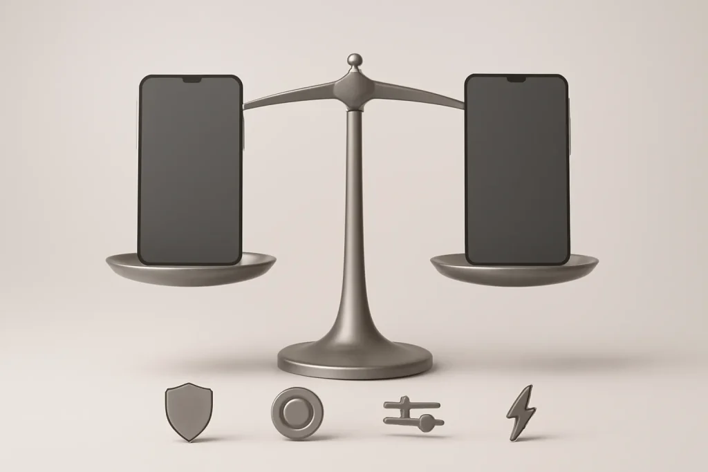 iPhone vs Samsung 2026: consistência ou inovação na escolha ideal 4 Metáfora de decisão iPhone vs Samsung 2026 com balança a pesar valor, atualizações e personalização.