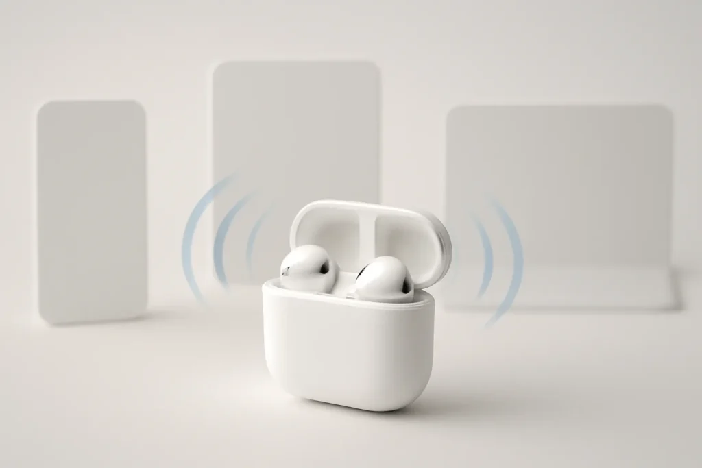Como ligar AirPods ao iPhone Android Windows via Bluetooth 2 Composição minimalista a ilustrar como ligar AirPods ao iPhone Android Windows por Bluetooth.