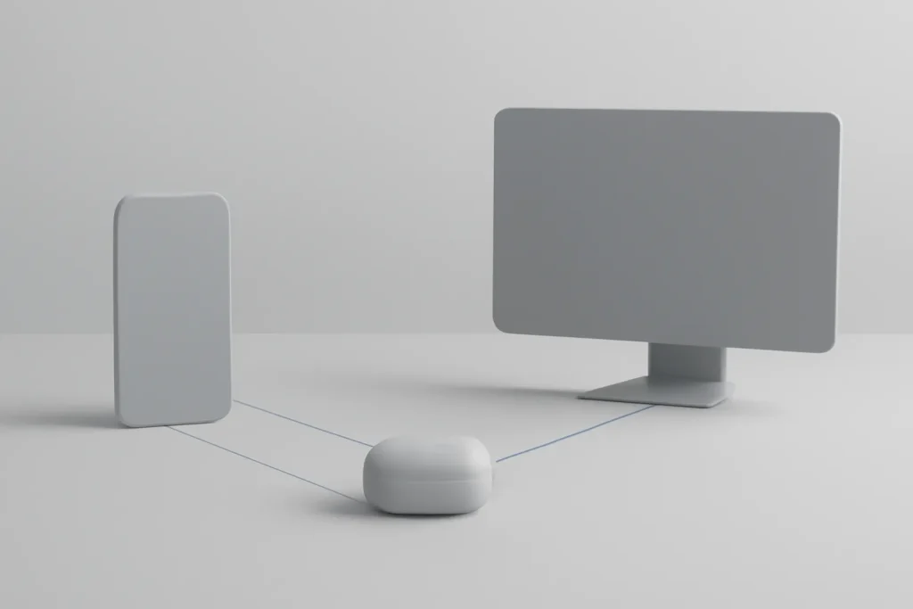 Como ligar AirPods ao iPhone Android Windows via Bluetooth 4 Esquema simbólico de alternar ao ligar AirPods ao iPhone Android Windows e escolher a saída de áudio.