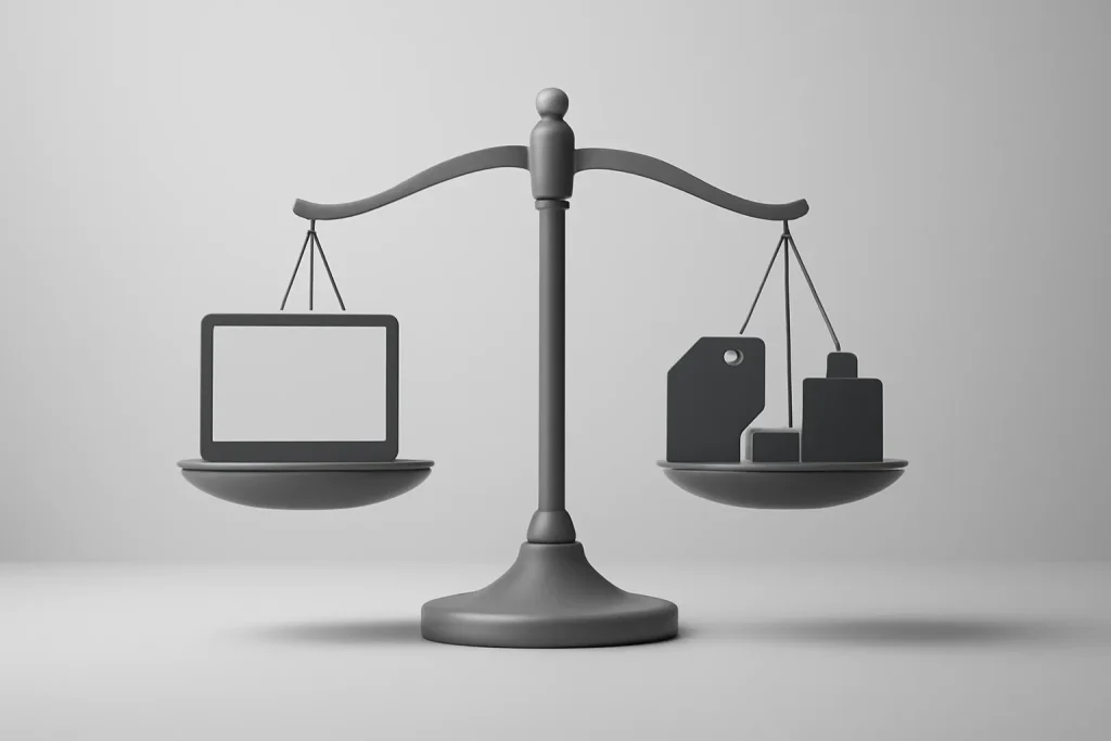 MacBook económico 599 dólares: portátil Apple acessível em 2026 4 Balança minimalista a representar o equilíbrio risco-benefício do MacBook económico 599 dólares.