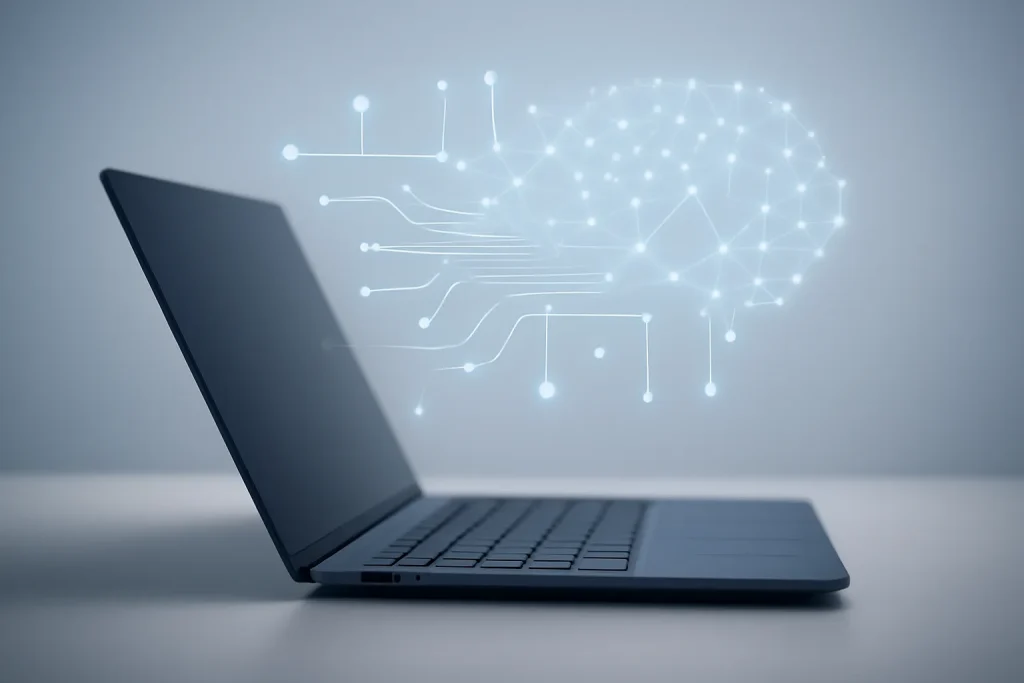 MacBook Pro M5 Pro e M5 Max: lançamento e novidades em 2026 2 Portátil genérico com grafismo abstrato a sugerir IA e desempenho no MacBook Pro M5 Pro e M5 Max.