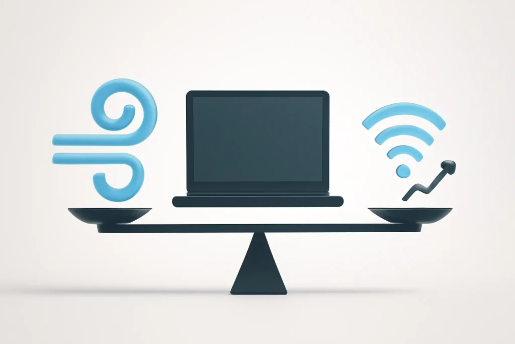 MacBook Pro M5 Pro e M5 Max: lançamento e novidades em 2026 4 Balança simbólica entre arrefecimento, 5G e decisão de compra no MacBook Pro M5 Pro e M5 Max.