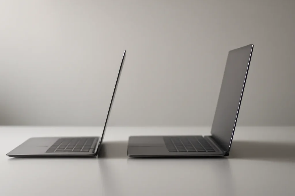 Melhores MacBooks 2026: Air vs Pro e quando escolher o M5 2 Comparação simbólica entre dois portáteis finos, tema melhores MacBooks 2026.