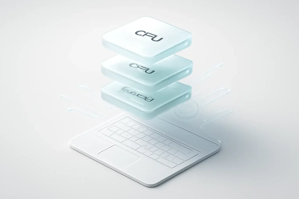 Melhores MacBooks 2026: Air vs Pro e quando escolher o M5 3 Ilustração abstrata de chip e memória unificada para melhores MacBooks 2026.