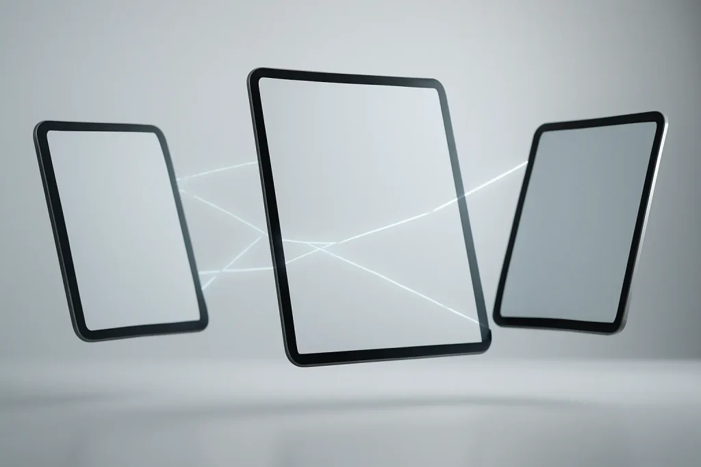 Guia prático dos melhores tablets 2026: iPad, Android e Surface Pro 2 Composição minimalista com três silhuetas de tablets a representar os melhores tablets 2026 por ecossistema e formato.