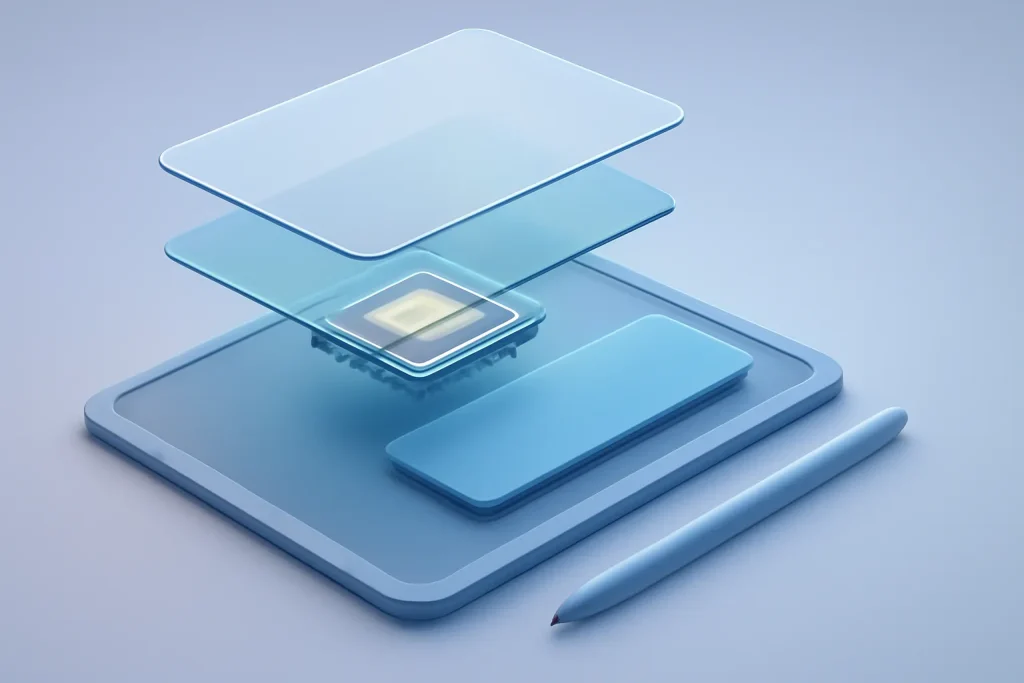 Guia prático dos melhores tablets 2026: iPad, Android e Surface Pro 3 Ilustração técnica em camadas de um tablet, destacando chip, ecrã, multitarefa e acessórios nos melhores tablets 2026.