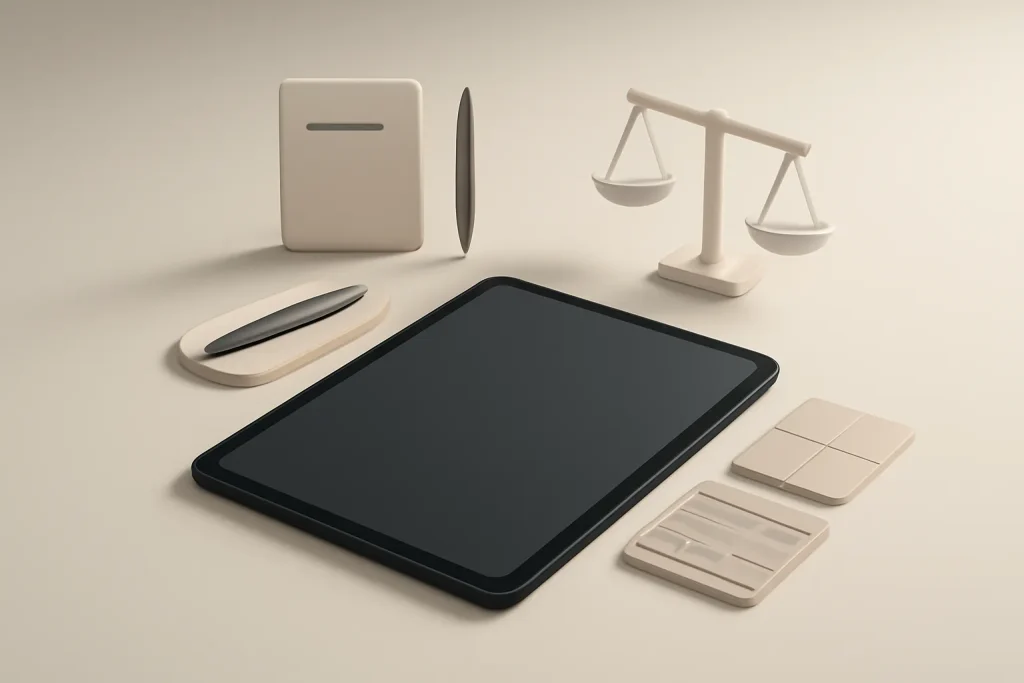 Guia prático dos melhores tablets 2026: iPad, Android e Surface Pro 4 Metáfora visual de escolha entre tablet simples e 2-em-1, equilibrando custo de acessórios e benefícios nos melhores tablets 2026.