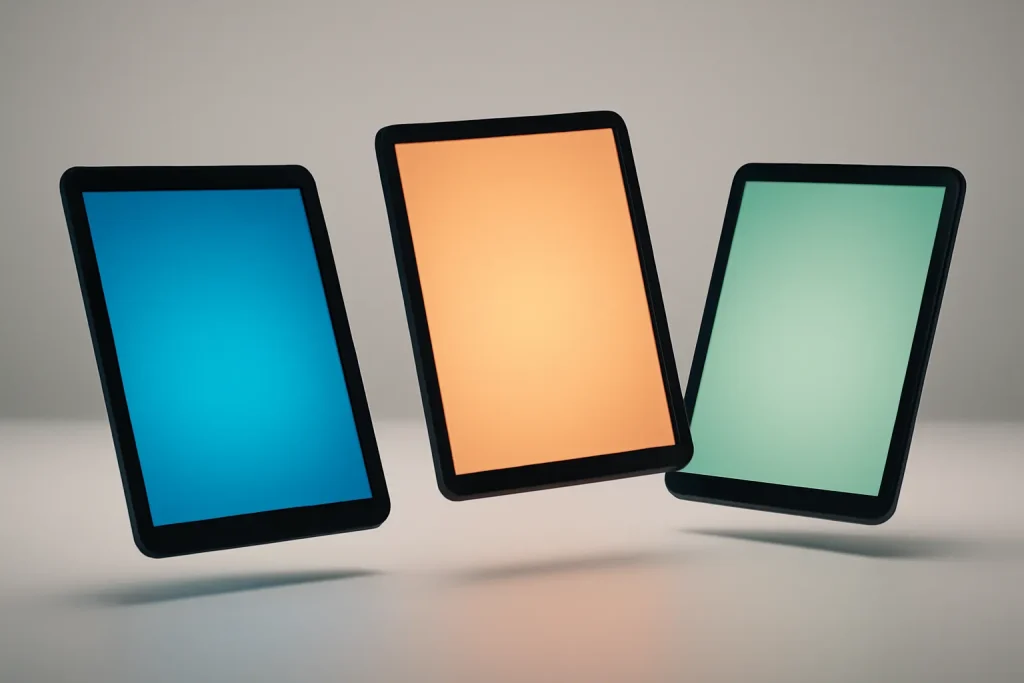 Melhores tablets 2025: iPad, Samsung DeX e Xiaomi em destaque 2 Composição minimalista com três silhuetas de tablets a representar categorias dos melhores tablets 2025.