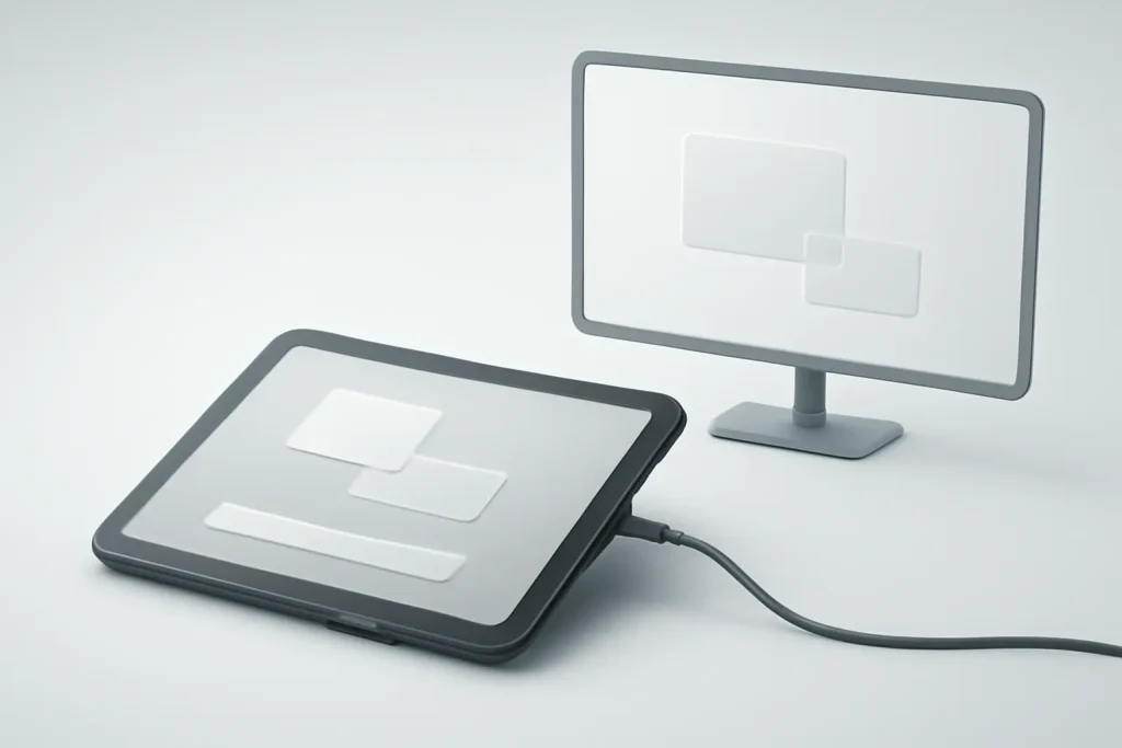 Melhores tablets 2025: iPad, Samsung DeX e Xiaomi em destaque 3 Ilustração simbólica de multitarefa e modo desktop num tablet, tema central nos melhores tablets 2025.