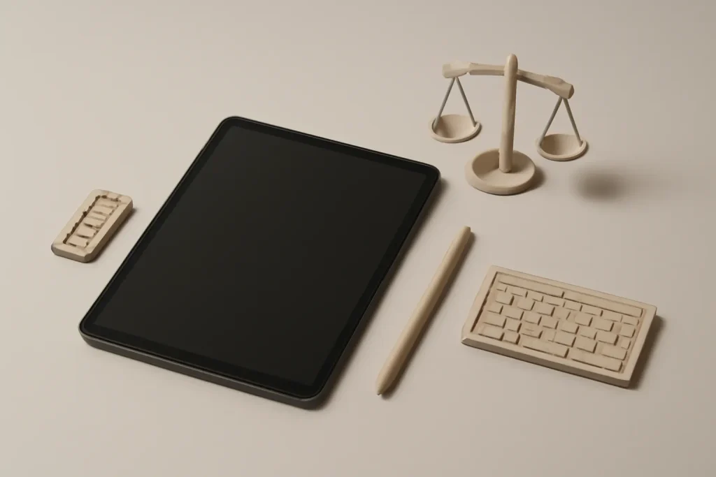 Melhores tablets 2025: iPad, Samsung DeX e Xiaomi em destaque 4 Tablet com acessórios e símbolos de autonomia e equilíbrio custo/benefício nos melhores tablets 2025.