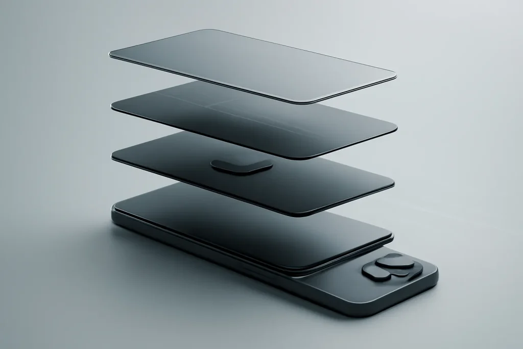 Melhores telemóveis 2026: guia por perfil, câmara, autonomia e IA 3 Exploded view simbólico de componentes num dos melhores telemóveis 2026.