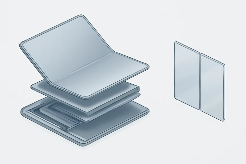 Motorola Razr Fold e Galaxy Z TriFold: dobráveis livro mais acessíveis 3 Esquema simbólico de dobradiças e ecrã flexível em Motorola Razr Fold e Galaxy Z TriFold