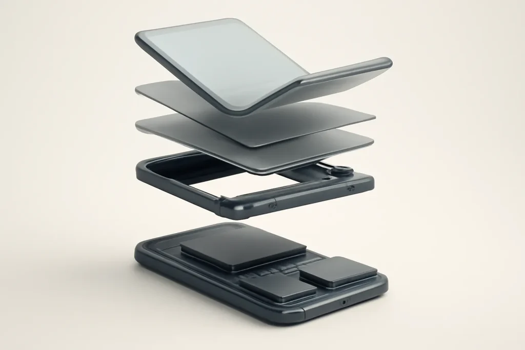 Motorola Razr Fold vs Google Pixel 10 Pro Fold: hardware vs software 3 Vista técnica abstrata para Motorola Razr Fold vs Google Pixel 10 Pro Fold: ecrã dobrável, dobradiça e chip em camadas.