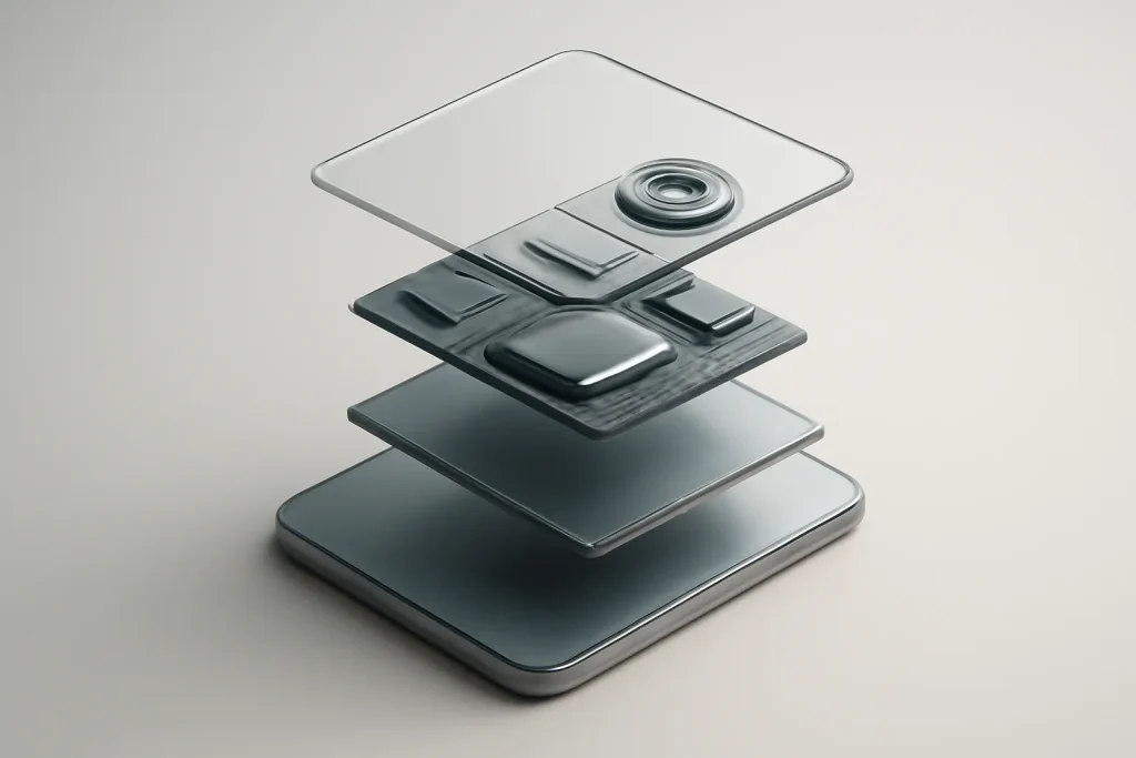 Pixel 10a vs Pixel 9a: diferenças esperadas e compra em 2026 3 Ilustração técnica abstrata para Pixel 10a vs Pixel 9a com camadas internas genéricas (chip, memória, câmara e bateria).