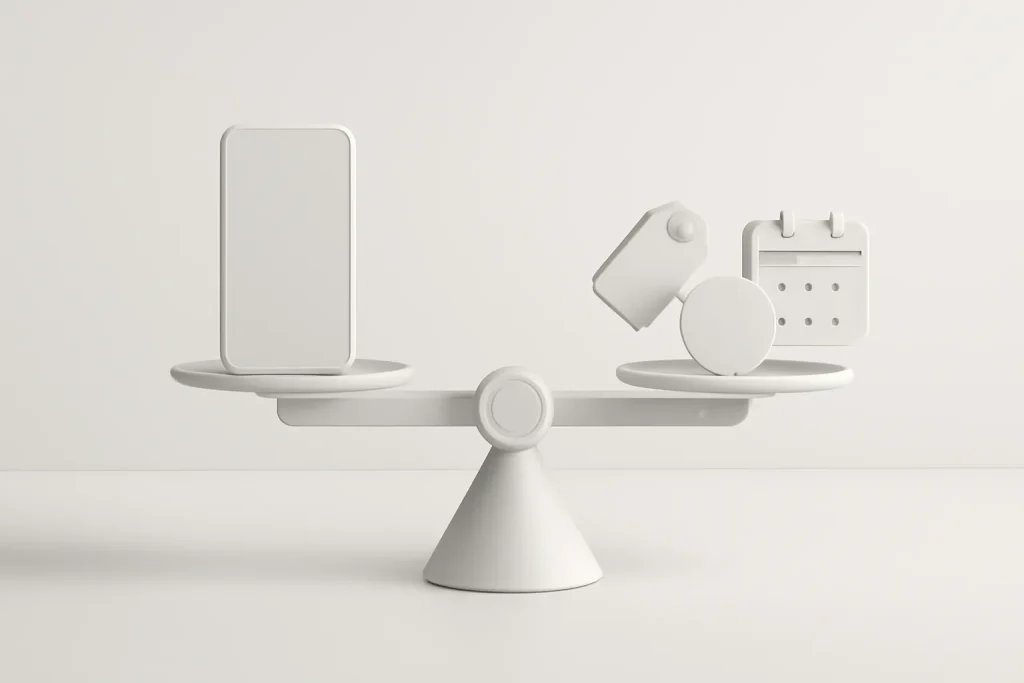 Pixel 10a vs Pixel 9a: diferenças esperadas e compra em 2026 4 Metáfora de decisão de compra Pixel 10a vs Pixel 9a com balança entre smartphone genérico, preço, prazos e garantia.