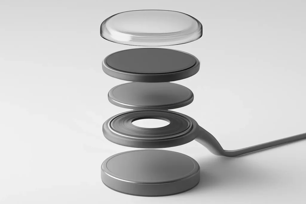 Pixel Watch 4: Pixel Watch 4 carregamento rápido e melhor autonomia 3 Esquema conceptual do Pixel Watch 4 carregamento rápido com componentes e carregamento por disco.