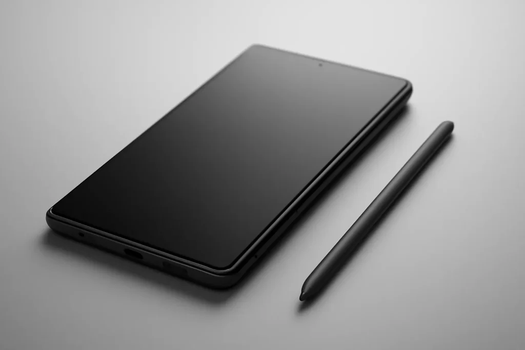 Samsung S22 Ultra recondicionado: opiniões e vale a pena? 2 Smartphone genérico com caneta digital ao lado, em fundo minimalista.