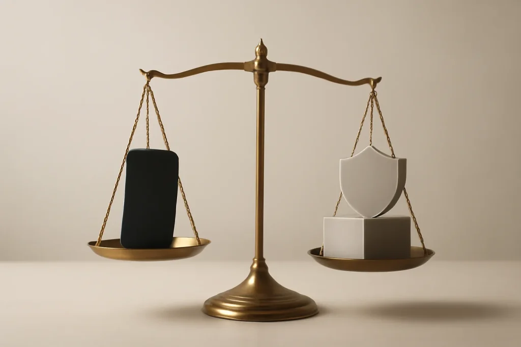 Samsung S22 Ultra recondicionado: opiniões e vale a pena? 4 Balança simbólica entre smartphone, proteção e devolução.