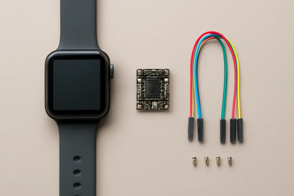 smartwatch DIY para crianças: projecto STEM com privacidade controlada 2 Componentes de um smartwatch DIY para crianças num cenário minimalista.