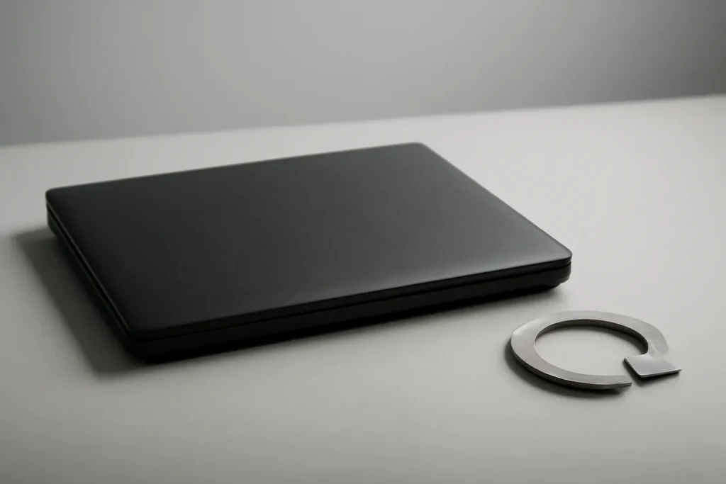 ThinkPad recondicionado é bom: vale a pena comprar em 2026? 2 Portátil empresarial genérico com símbolo de reutilização.