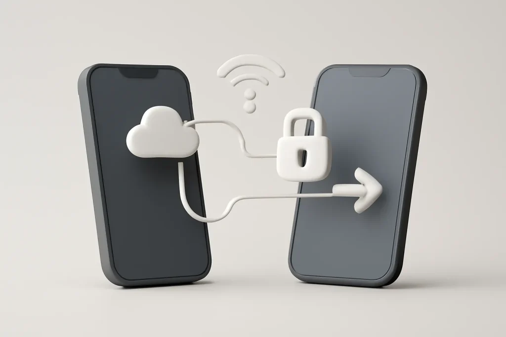 4 formas fiáveis de transferir dados para iPhone 17 sem stress 2 Ilustração simbólica de quatro métodos para transferir dados para iPhone 17 entre telemóveis e cloud.