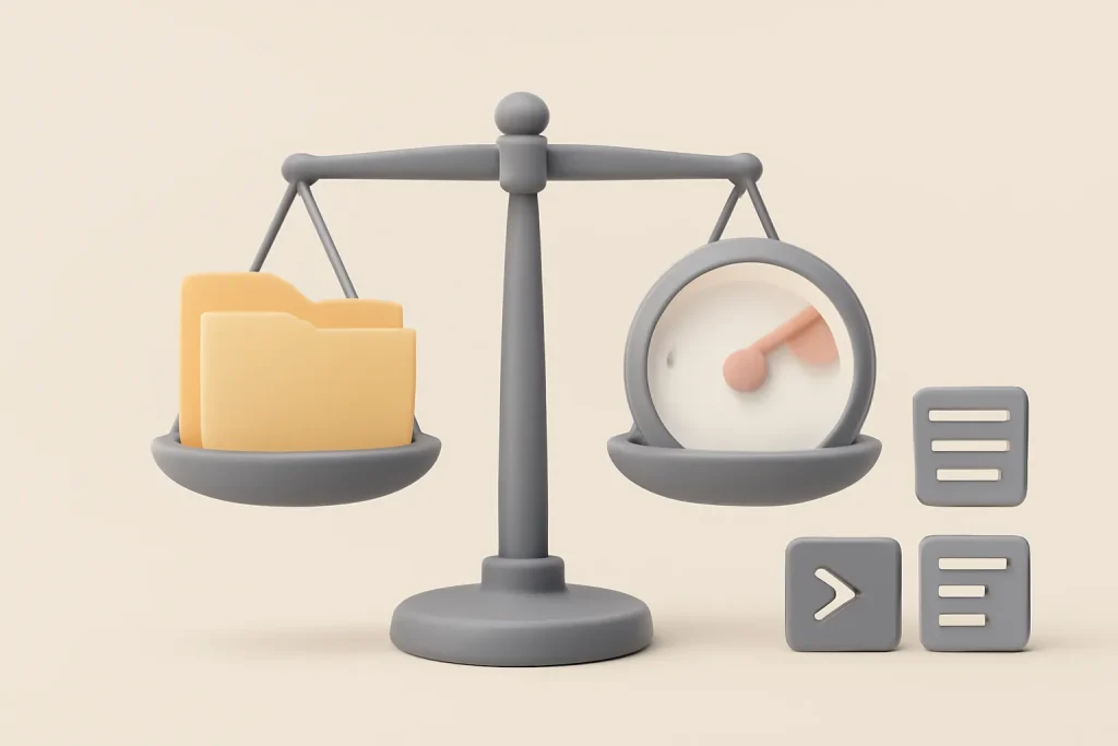 Ver tamanho das pastas no Finder macOS: métodos e dicas 4 Ilustração de decisão prática para ver tamanho das pastas no Finder macOS equilibrando rapidez, detalhe e desempenho.