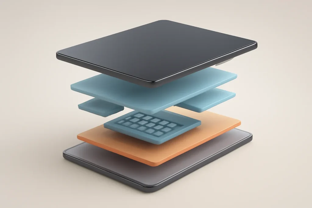 Xiaomi Pad 7 vs iPad 2025: desempenho, ecrã e autonomia em foco 3 Ilustração em corte de tablet com chip, ecrã e bateria para explicar Xiaomi Pad 7 vs iPad 2025.