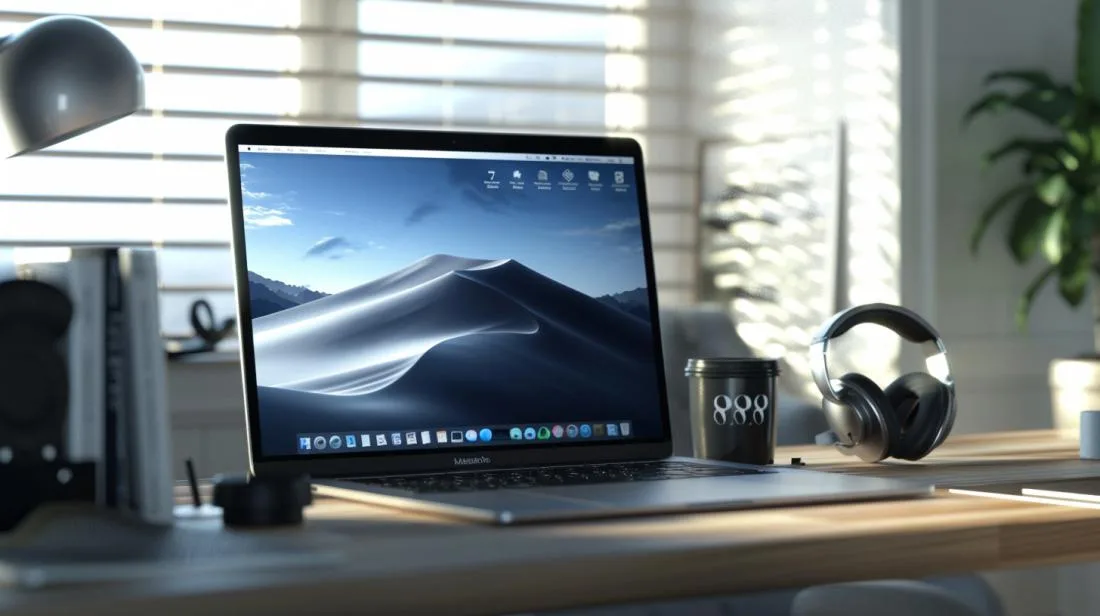 Fotografia detalhada de MacBook Pro instalando 888 Poker, em escritório moderno iluminado naturalmente.
