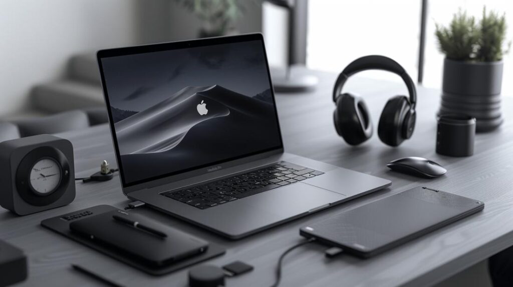 Acessorios MacBook Pro 2019: Quais São Essenciais? 2 Fotografia hiperealista de MacBook Pro 2019 e acessórios essenciais em workspace minimalista.