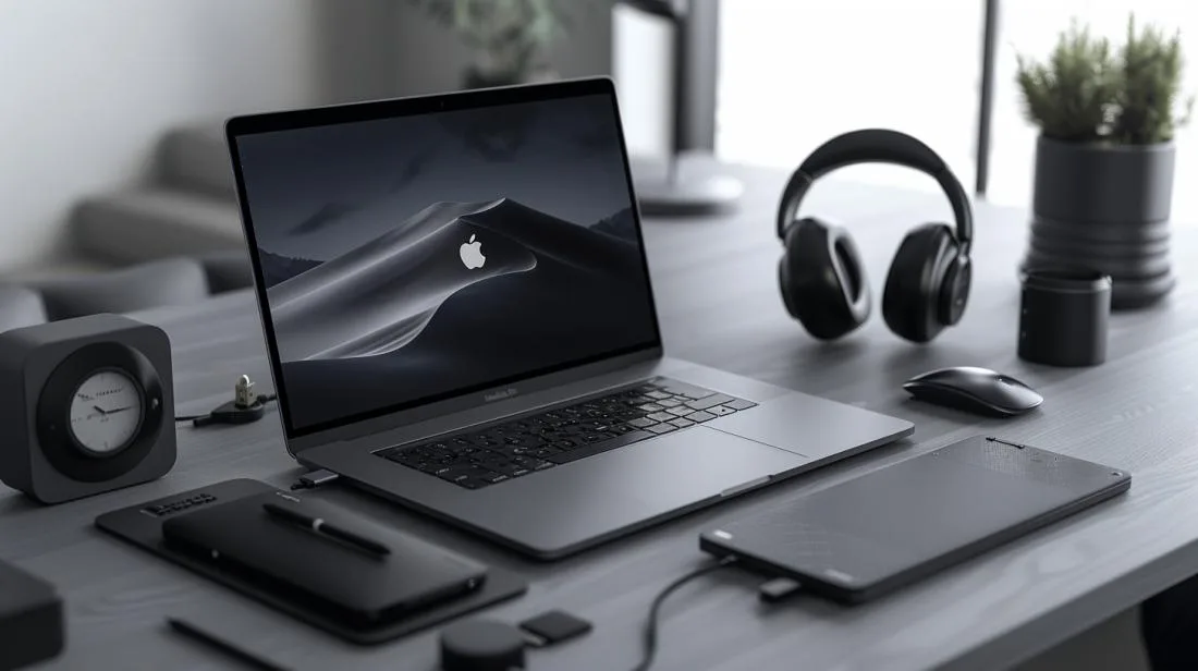 Fotografia hiperealista de MacBook Pro 2019 e acessórios essenciais em workspace minimalista.