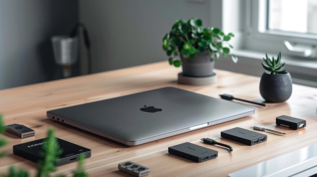 Adaptador HDMI MacBook: Qual é o mais indicado para você? 2 Fotografia hiper-realista de um MacBook com adaptadores HDMI em uma mesa minimalista moderna.