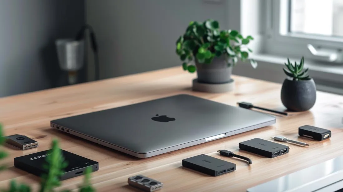 Fotografia hiper-realista de um MacBook com adaptadores HDMI em uma mesa minimalista moderna.