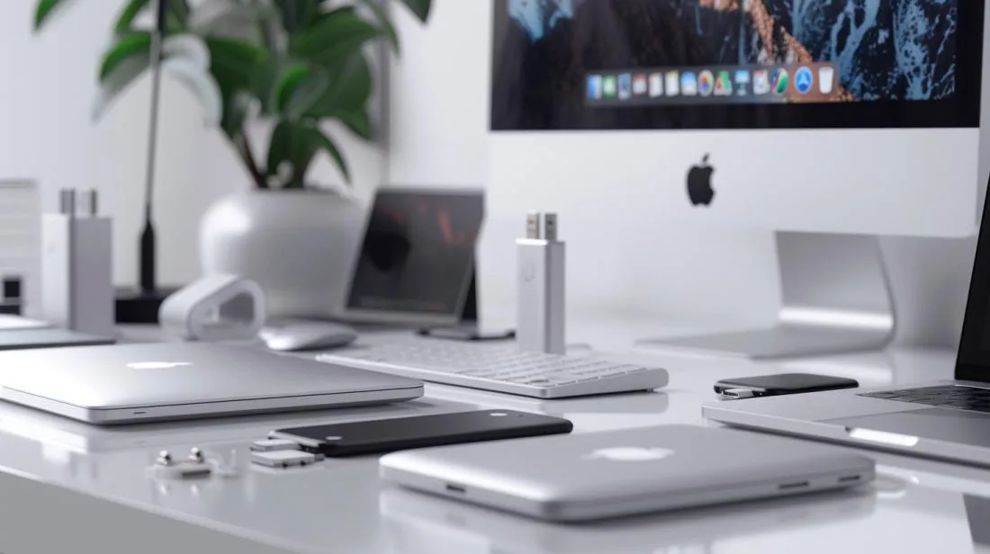 Fotografia hiper-realista de adaptadores USB-C para MacBook em uma mesa minimalista e moderna.