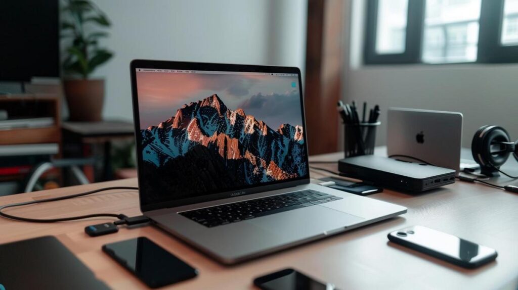 Adaptador para MacBook: Qual escolher? 2 Fotografia hiper-realista de MacBook com adaptadores de alta qualidade em espaço de trabalho minimalista.