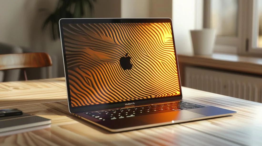 Fotografia hiper-realista de um MacBook Pro com adesivo premium, em um espaço de trabalho minimalista.