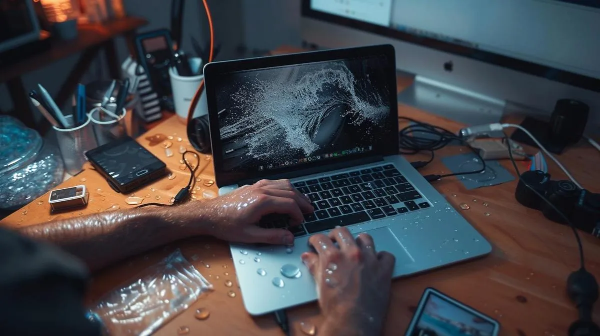 Pessoa preocupada salvando MacBook Air molhado em escritório moderno e minimalista, usando várias ferramentas.