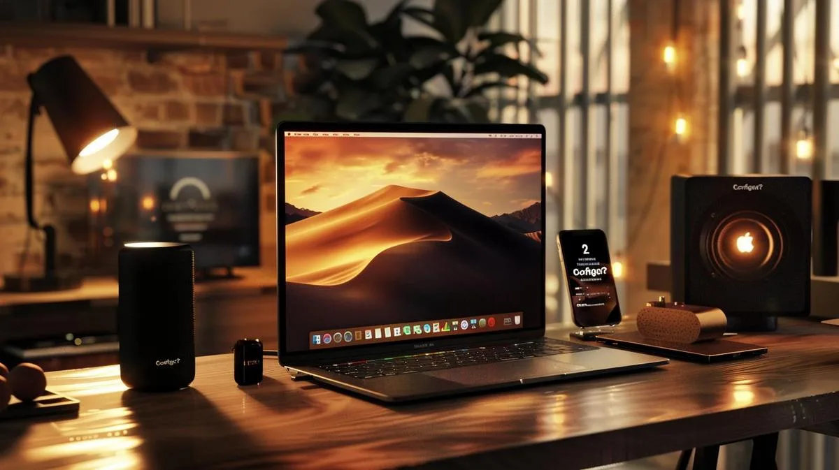 MacBook Pro configurando AirPlay 2 em uma mesa de escritório moderna, com acessórios Apple por perto.