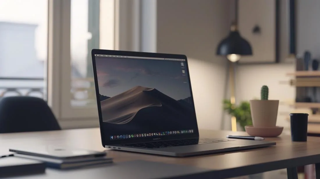 Fotografia hiper-realista de um MacBook em mesa moderna com sistema de notificações e alarme.