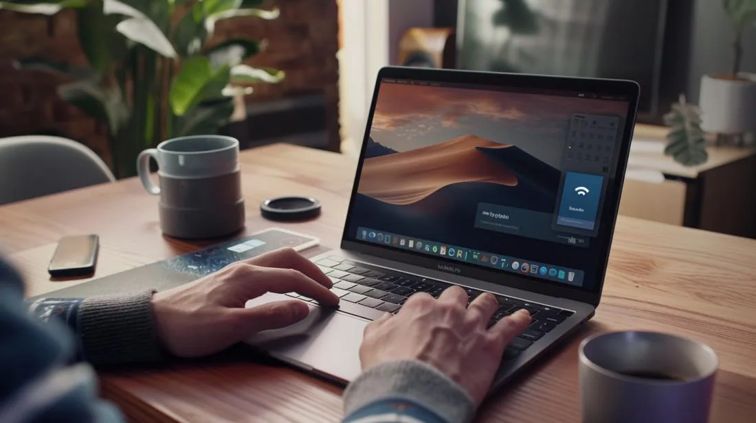Instalação do app Amazon Alexa no MacBook Pro em um espaço de trabalho moderno.