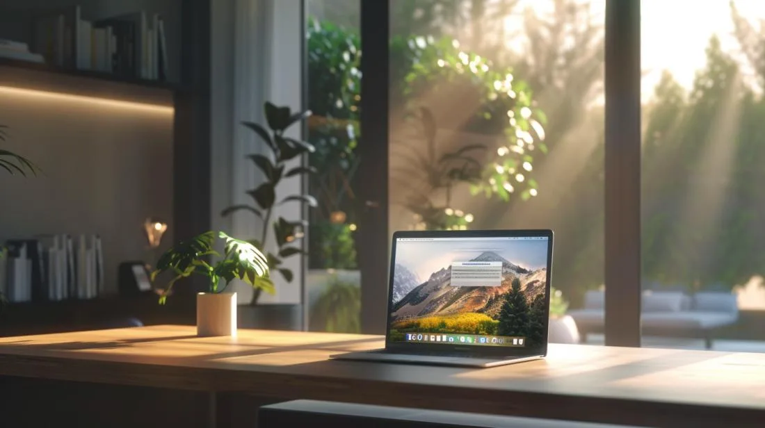 MacBook moderno com alerta de vírus, destacando o design elegante e luz natural.