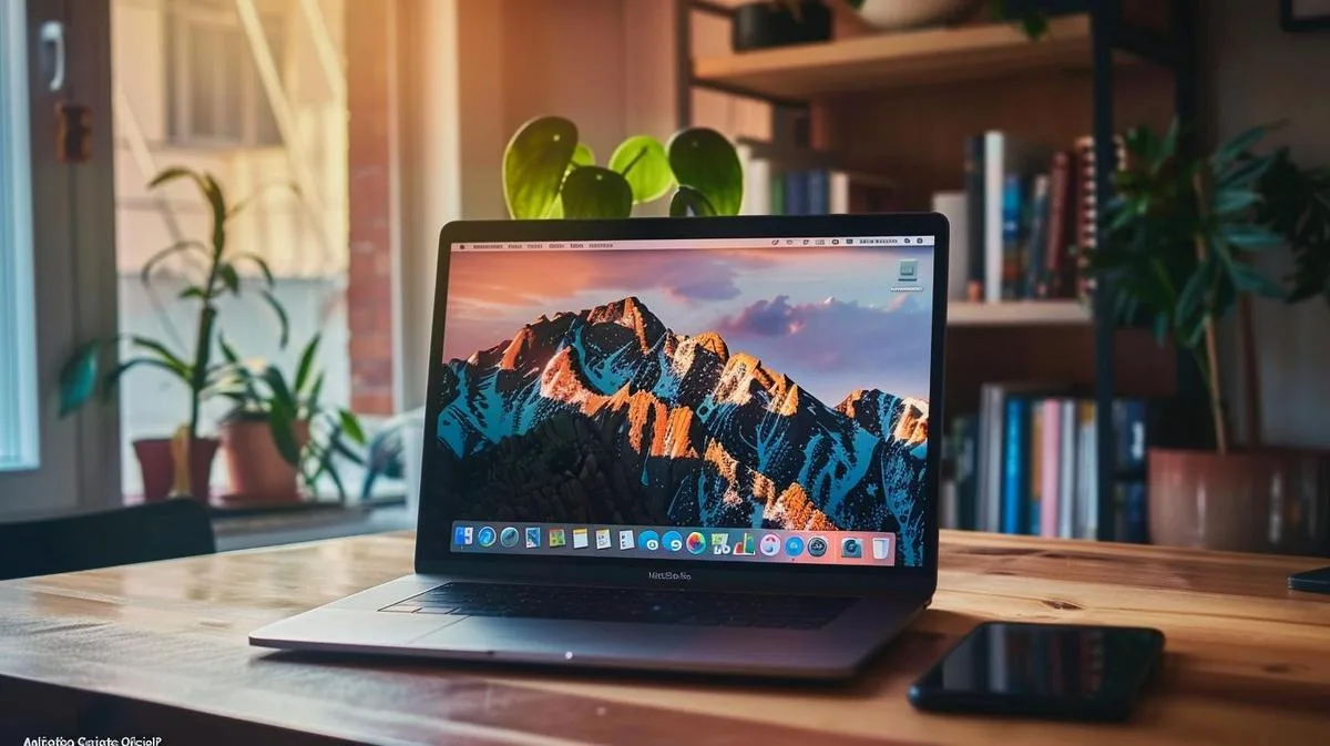 MacBook moderno com Gmail aberto, em mesa de madeira minimalista, iluminado por luz natural.