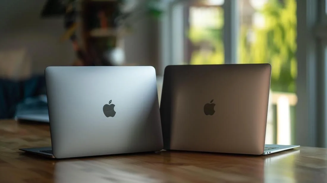 Fotografia hiper-realista comparando um Apple MacBook Air e um Asus Zenbook lado a lado em uma mesa.