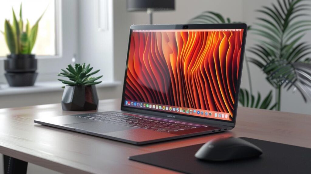 Fotografia ultra-realista de um Apple MacBook Pro 16 em uma mesa minimalista e elegante.